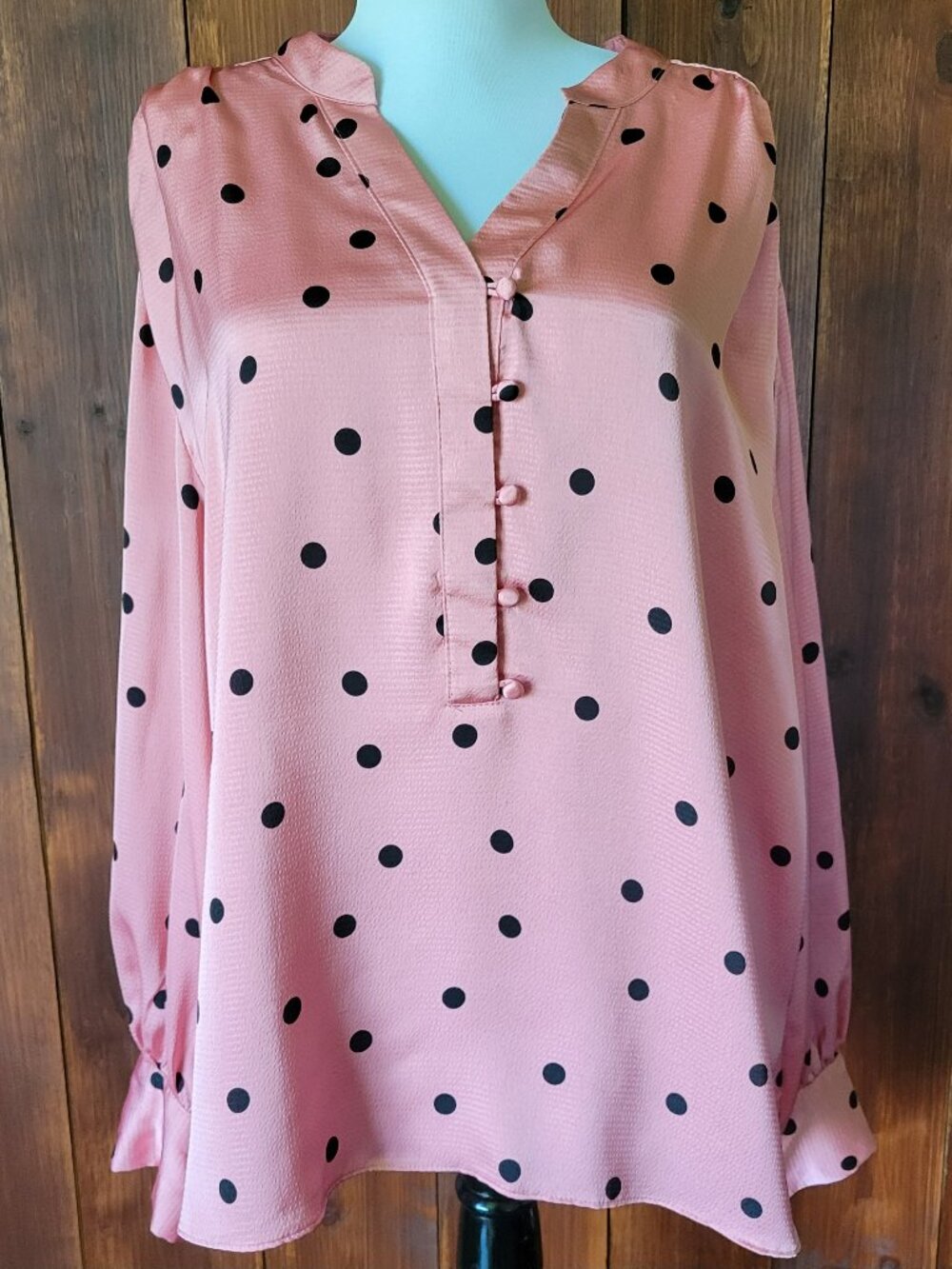 Ryegrass Women XXL Pink Black Polka Dot Posh Blouse Satin Button Front Plus Size